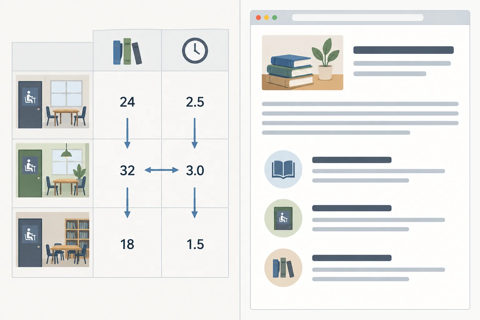 A comparison between a matrix of room records with aligned numeric properties and ordinary page content flowing as a heading, paragraphs, and list items.