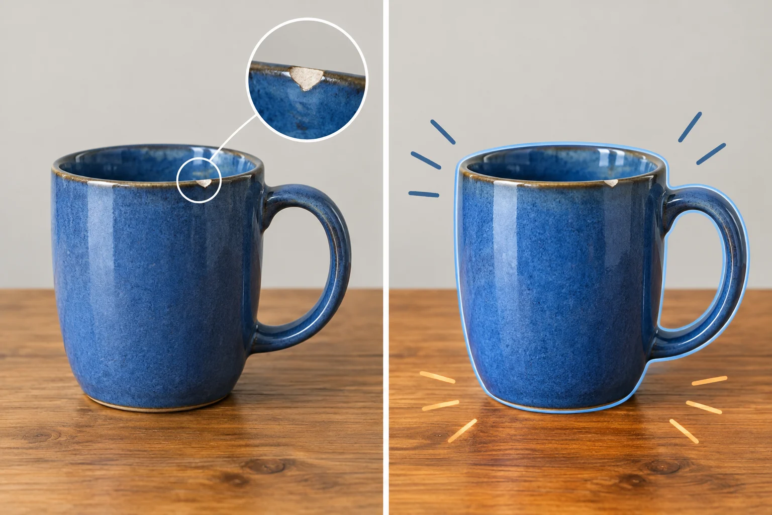 A comparison showing the same chipped blue mug on a wooden table, with the rim emphasized in one view and the blue-and-wood arrangement emphasized in the other.