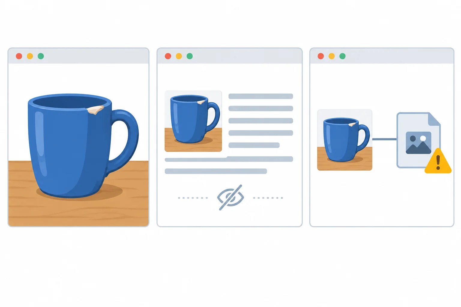 A comparison diagram showing the same mug image as informative, redundant with nearby content, and lacking a declared alternative.