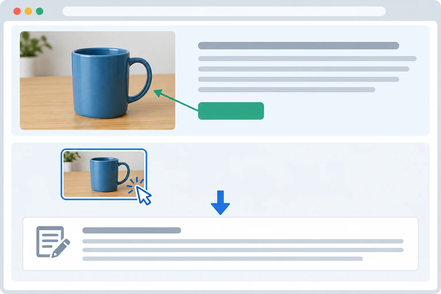 Diagram showing an informative object image adding a unique visual detail and a second copy used as a link to a notes section.