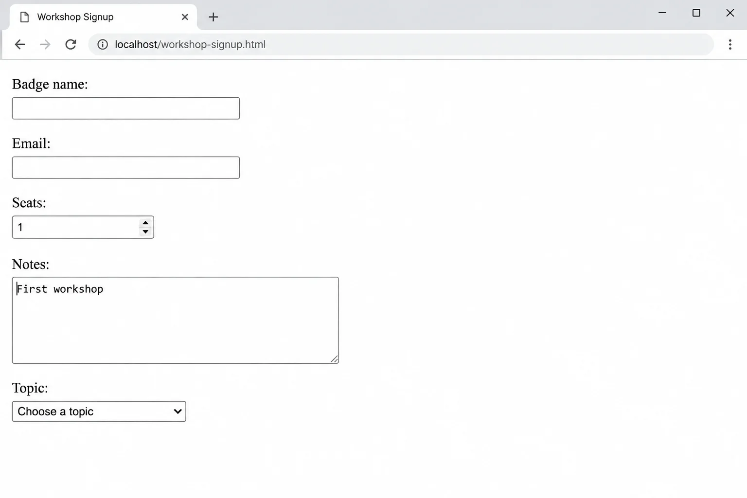 An unstyled browser form showing labeled text, email, number, textarea, and select controls in source order.