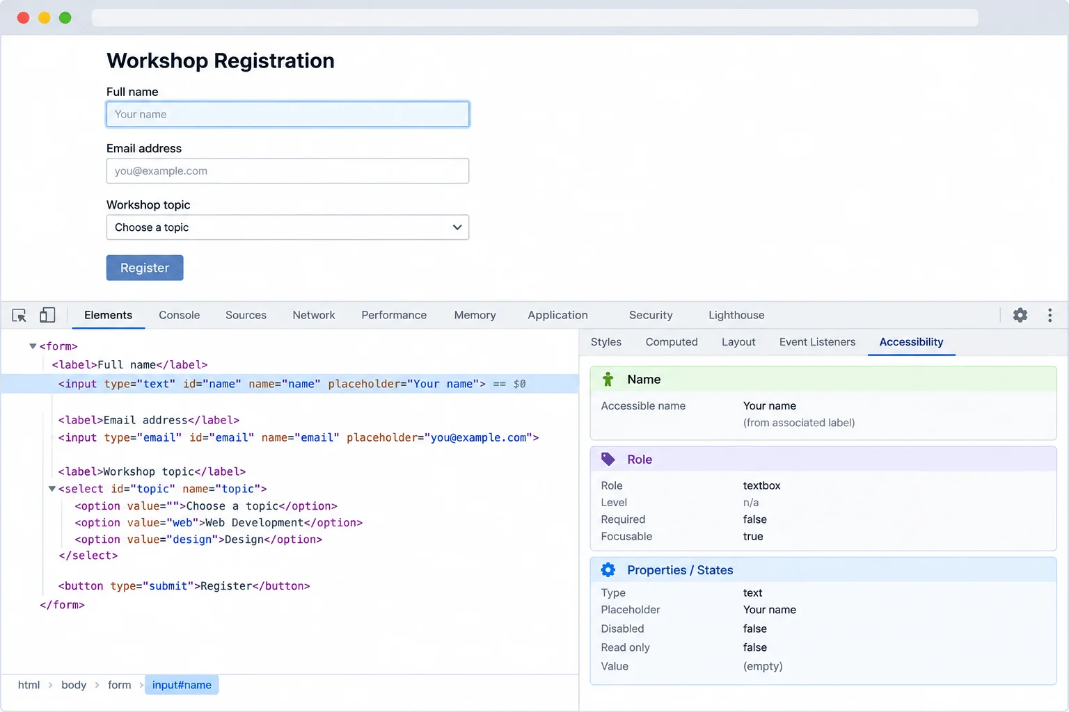 A browser developer-tools layout shows a native input selected in the Elements panel and an adjacent Accessibility pane with Name, Role, and Properties or States sections.