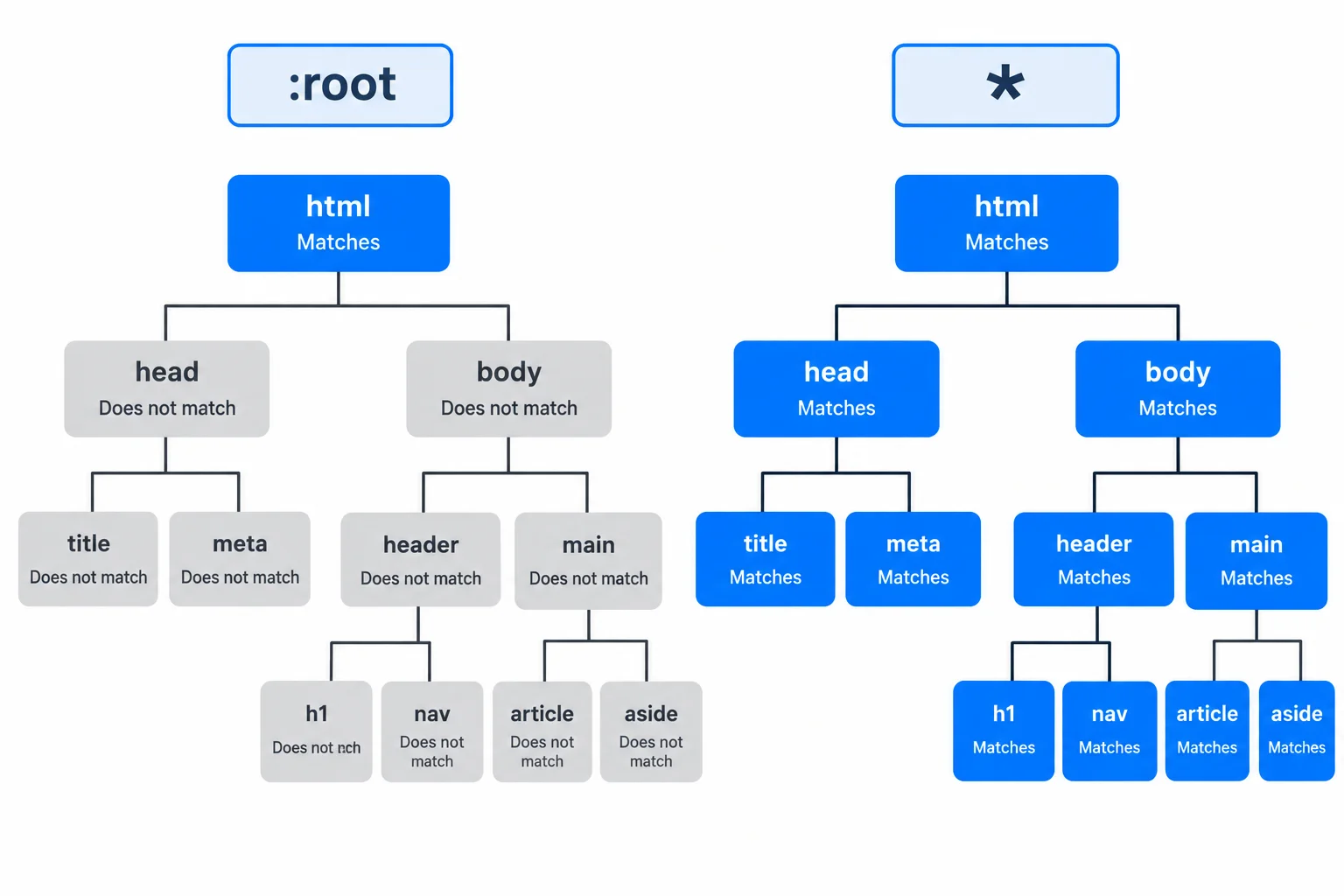 A comparison of :root matching only the html node and the universal selector matching every node in an HTML document tree.