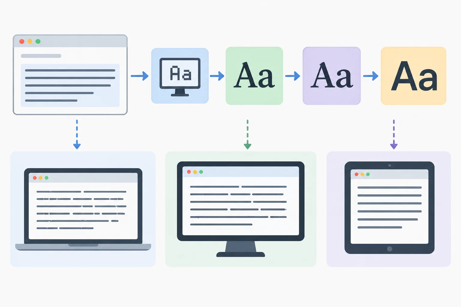 A diagram showing a browser trying font options from left to right and producing slightly different text appearances on different operating systems.