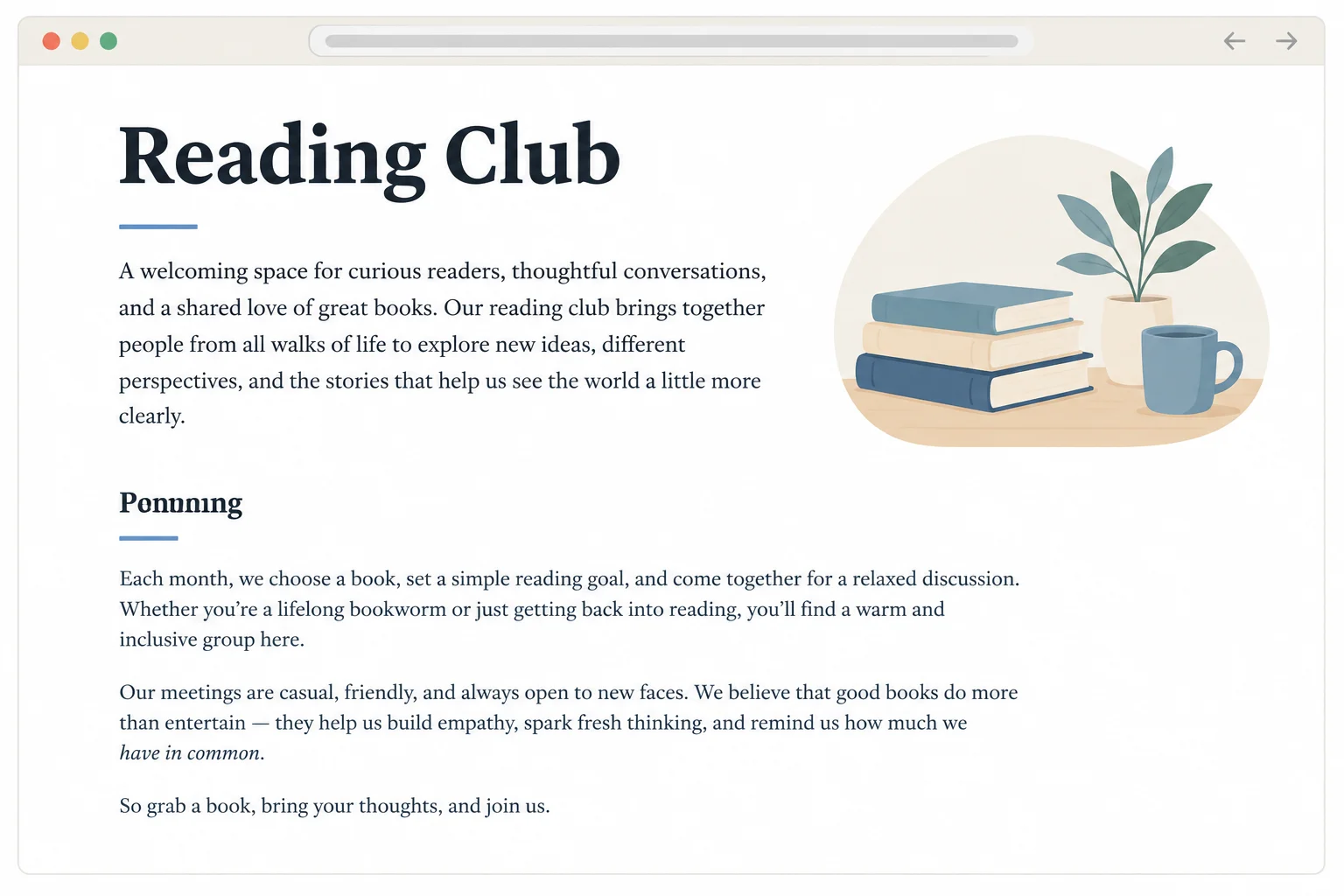 A page mockup with a large bold title, a smaller bold section heading, regular paragraph text, and one italic phrase.