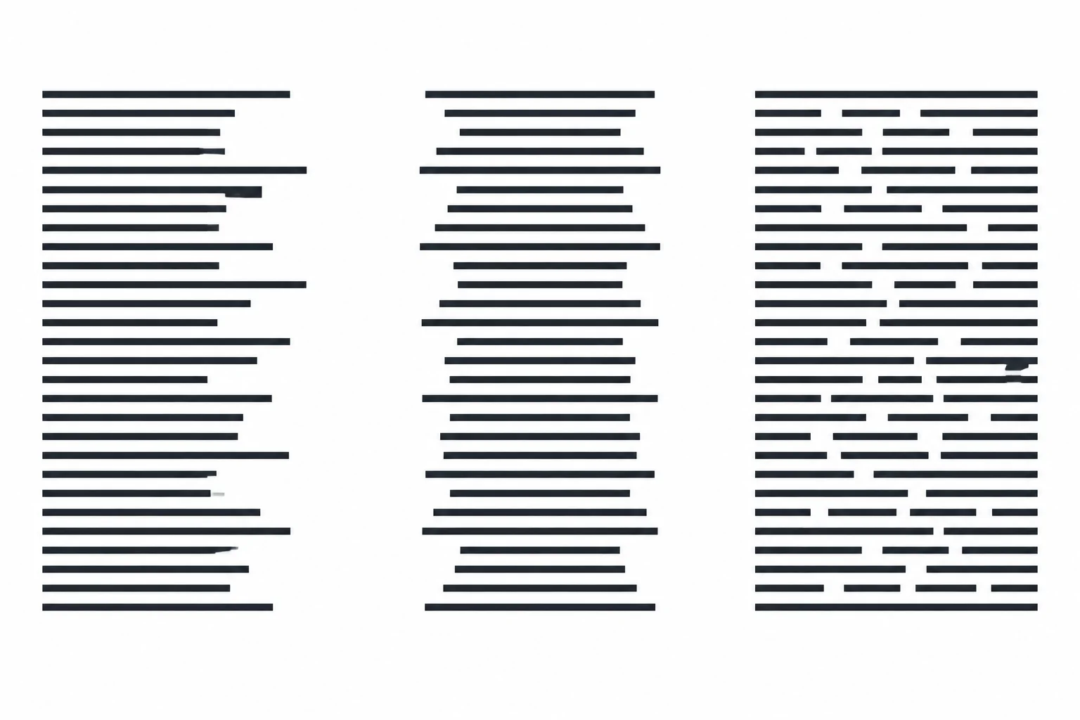 Three paragraph treatments: lines aligned to one left edge, centered lines, and justified lines with uneven word spacing.