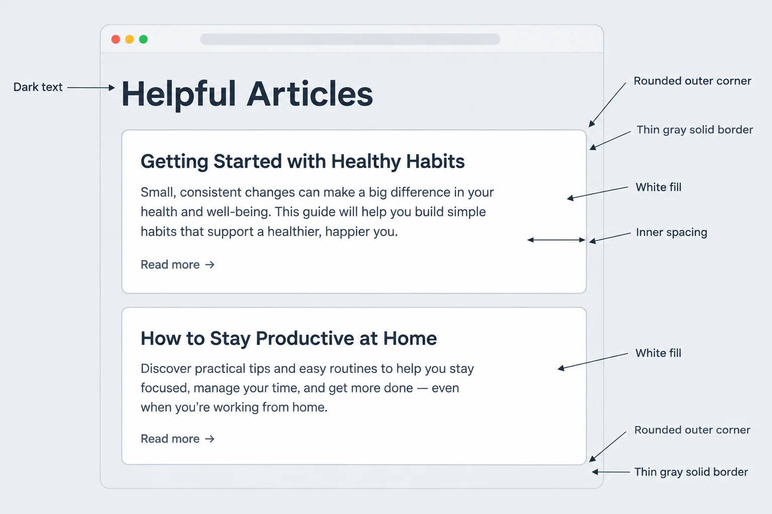 Annotated diagram of two stacked article cards showing text, fill, border, rounded corners, and inner spacing.