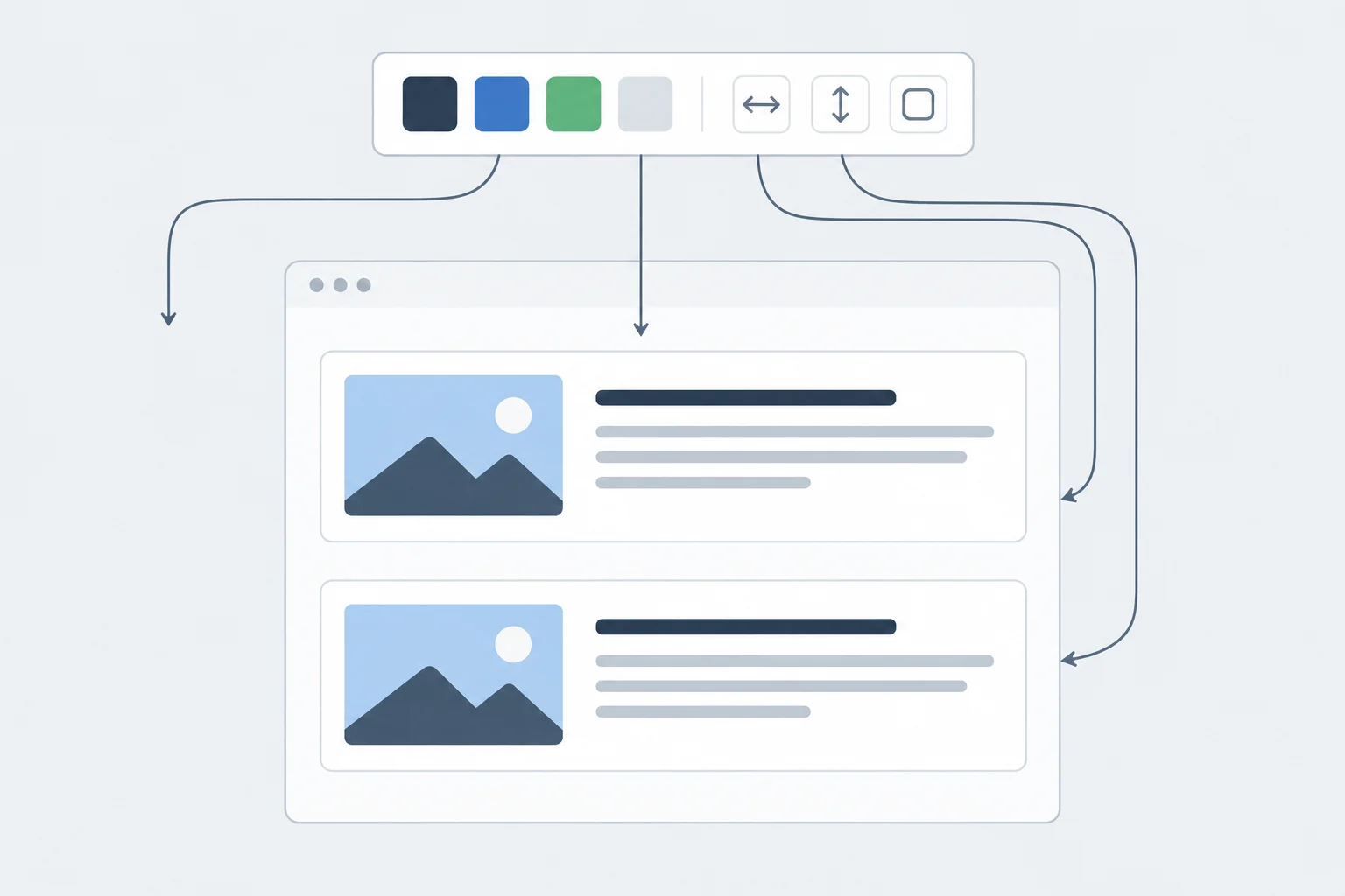 A diagram shows shared color and measurement values flowing from one source to the page and two matching card surfaces.