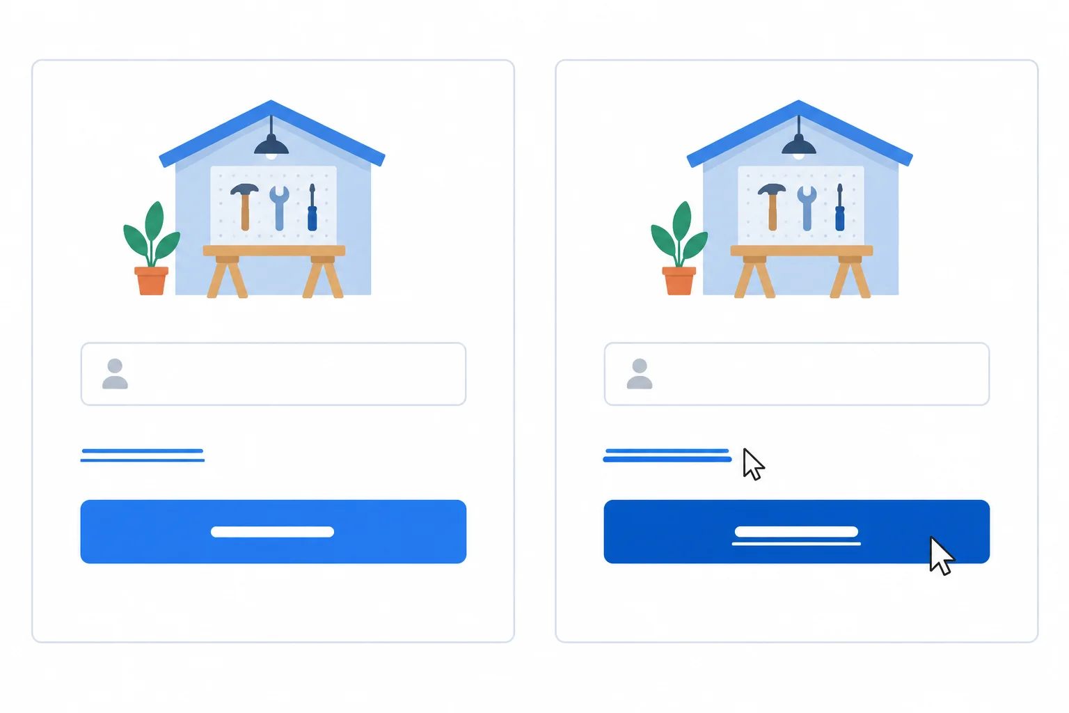 Side-by-side interface comparison: the default link is underlined, while its hovered version has a thicker underline; the hovered button is darker and also gains an underline.