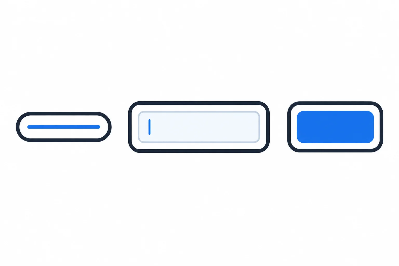 An underlined link, text input, and button each shown with a dark outline outside the control and a visible gap around it.