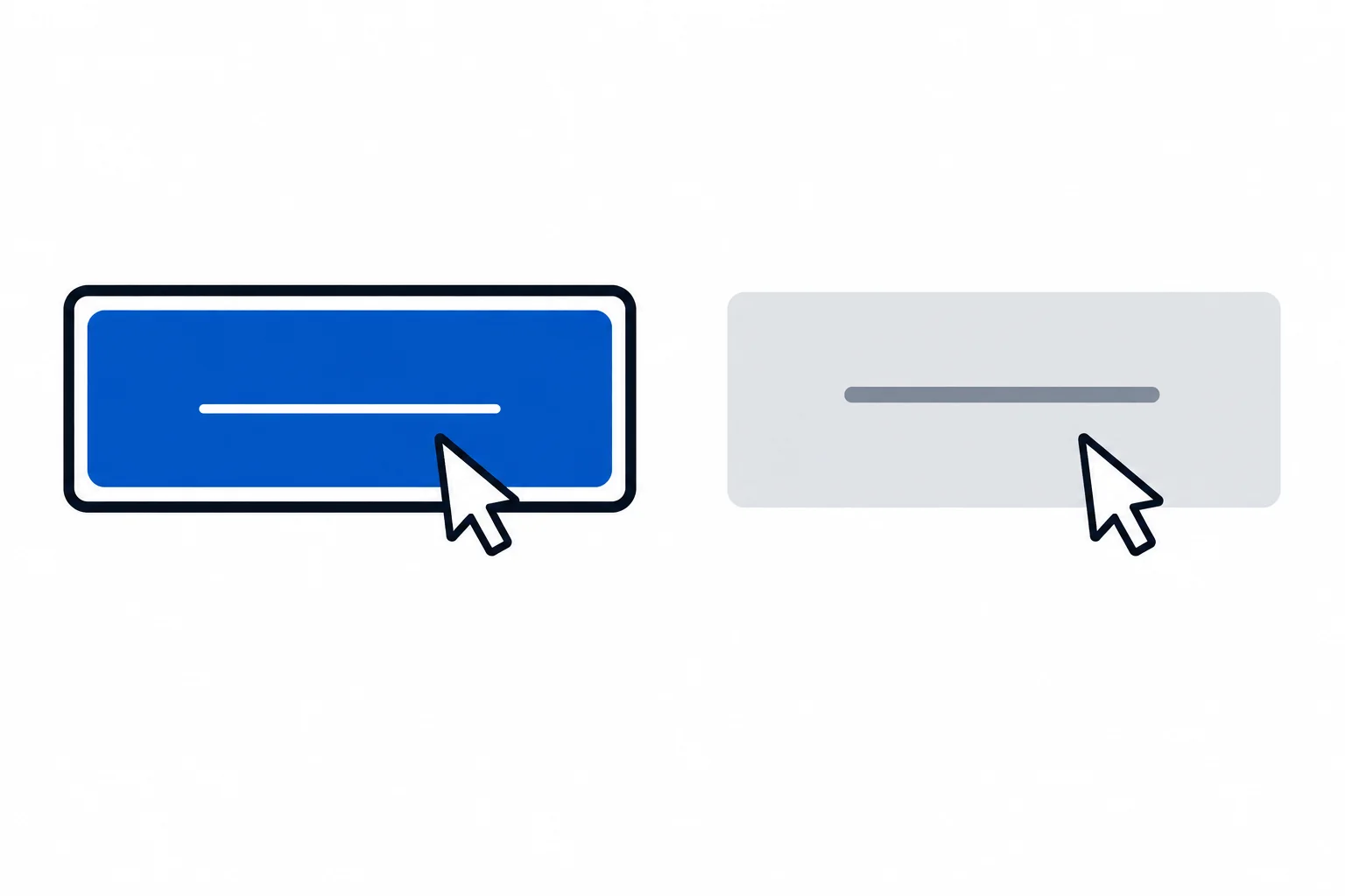 Comparison of an enabled button showing hover feedback plus an outer focus outline, and a disabled button remaining muted under a pointer.