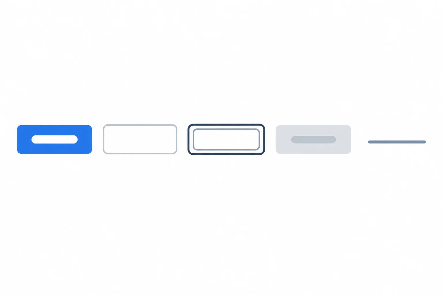Five compact interface cards, from left to right: enabled button, input boundary, offset focus outline, disabled button, and underlined link.
