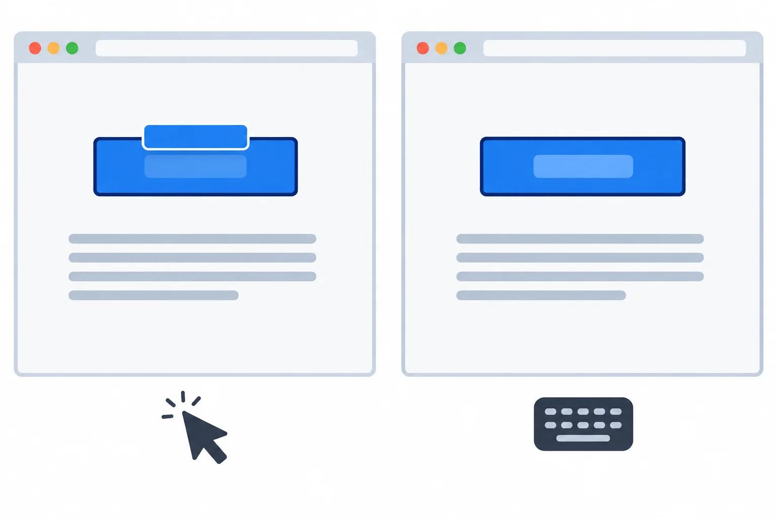 Side-by-side diagram: default motion slightly moves the inner link label while the link surface and nearby content stay fixed; reduced motion keeps the label still while the focus outline remains visible.