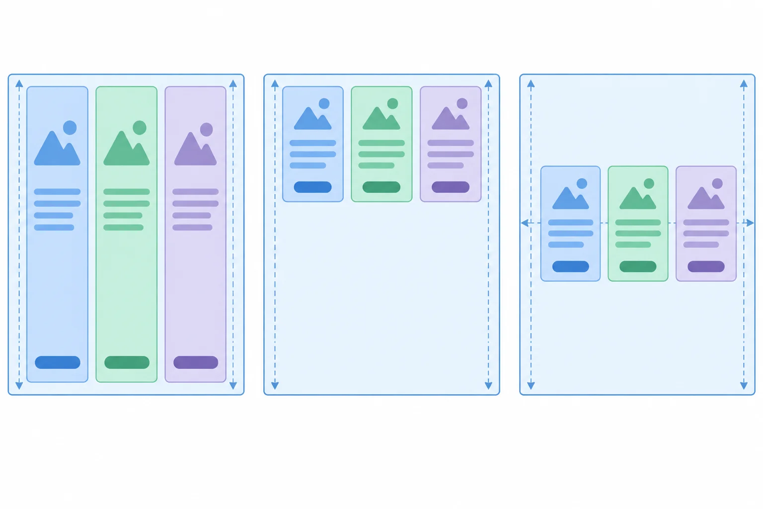 Three diagrams compare stretched cards, cards aligned at the top, and cards aligned in the vertical middle of a tall row container.