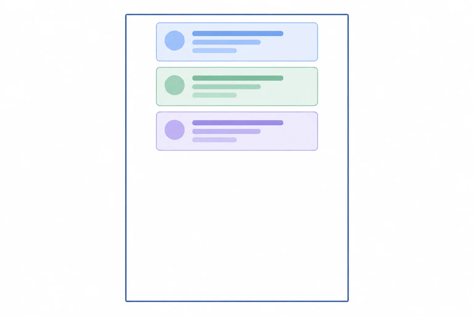 Three equally wide cards are stacked near the top center of a tall container, with equal gutters and substantial unused space below.