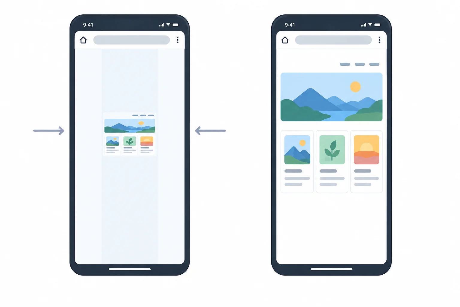 A comparison of a page squeezed from a wide layout viewport and a page laid out to fit a narrow screen.