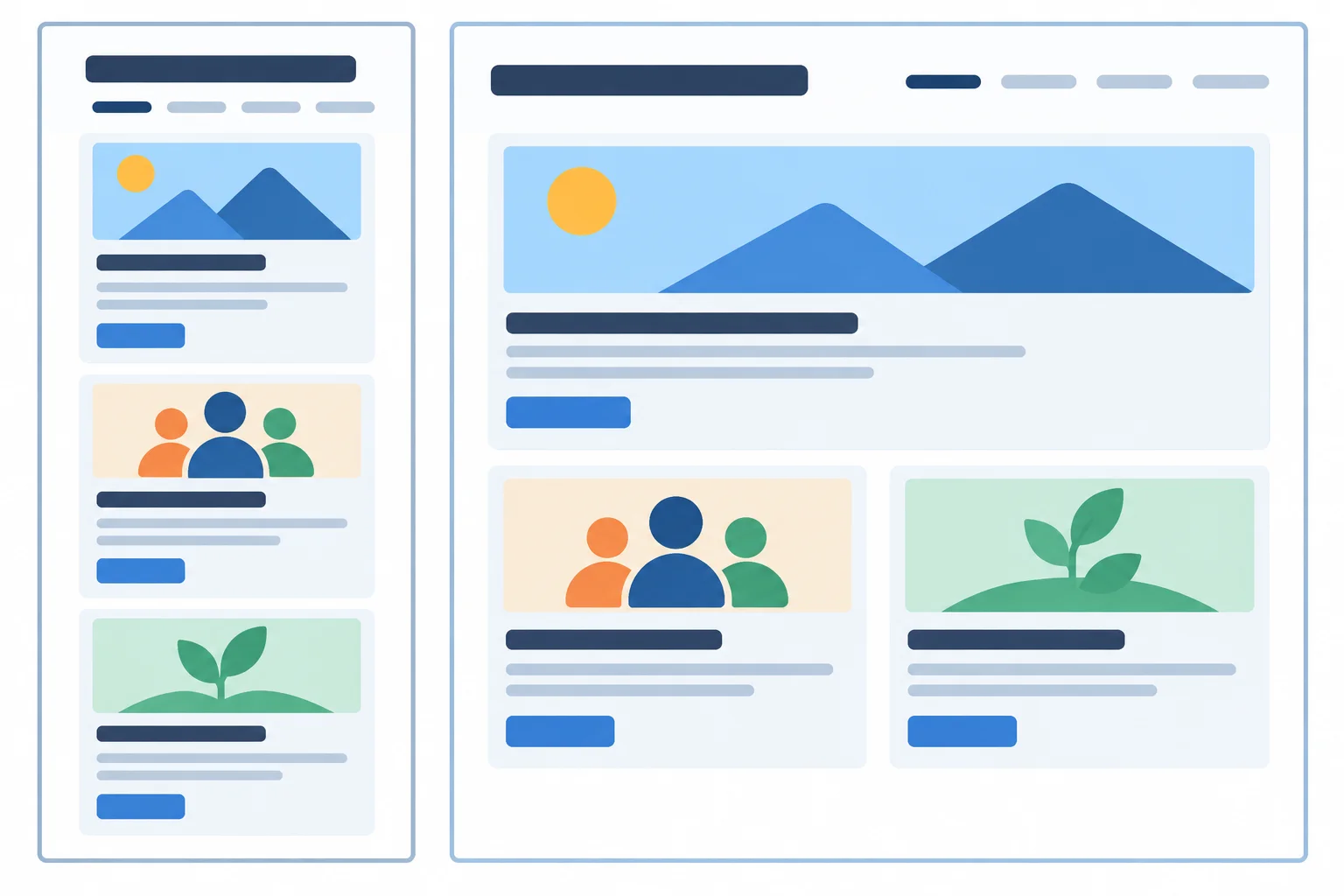 A narrow viewport preview with a stacked header and one card column beside a wide viewport preview with a row header and two card columns.