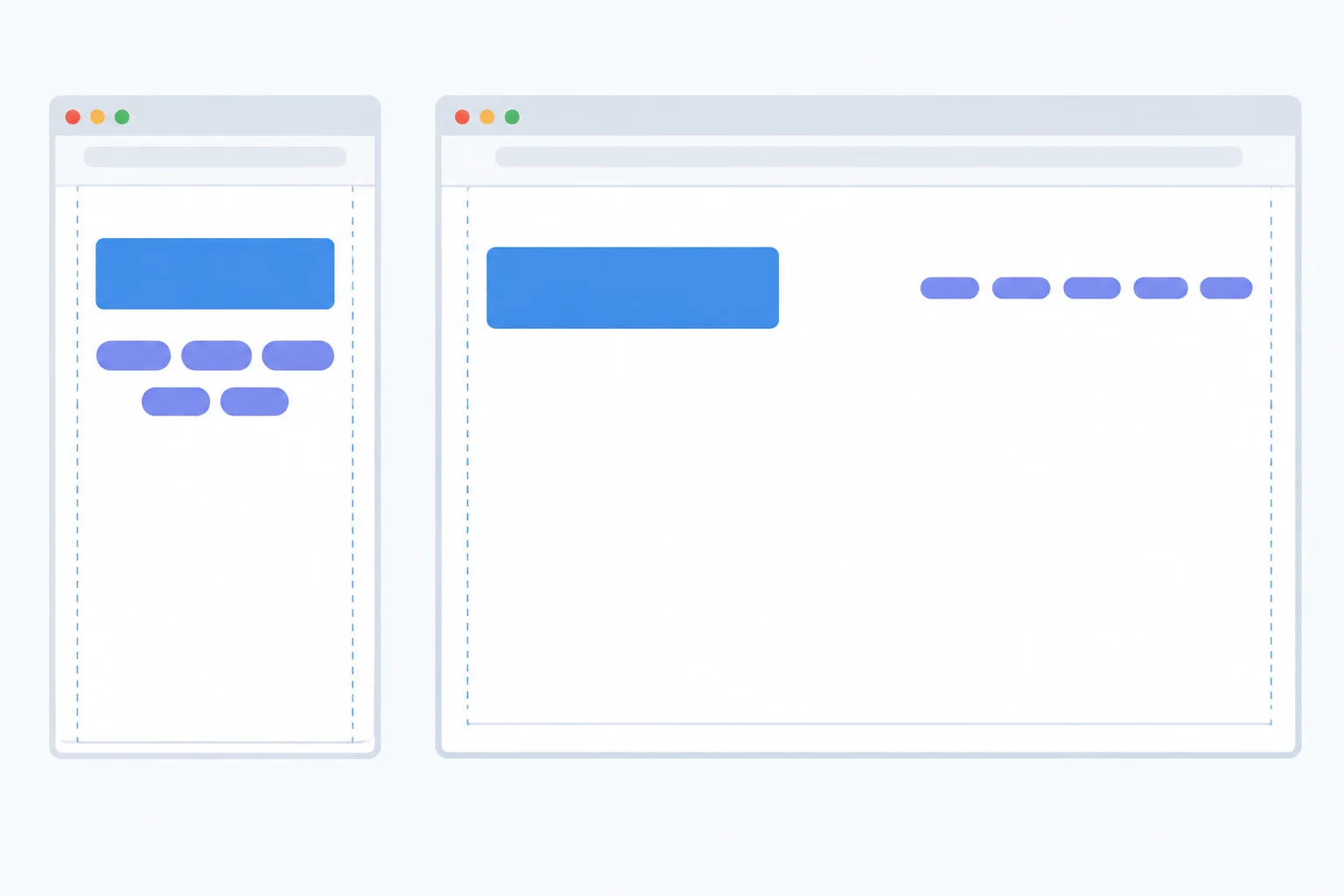 Comparison of the same header stacked in a narrow viewport and arranged in a row in a wide viewport.