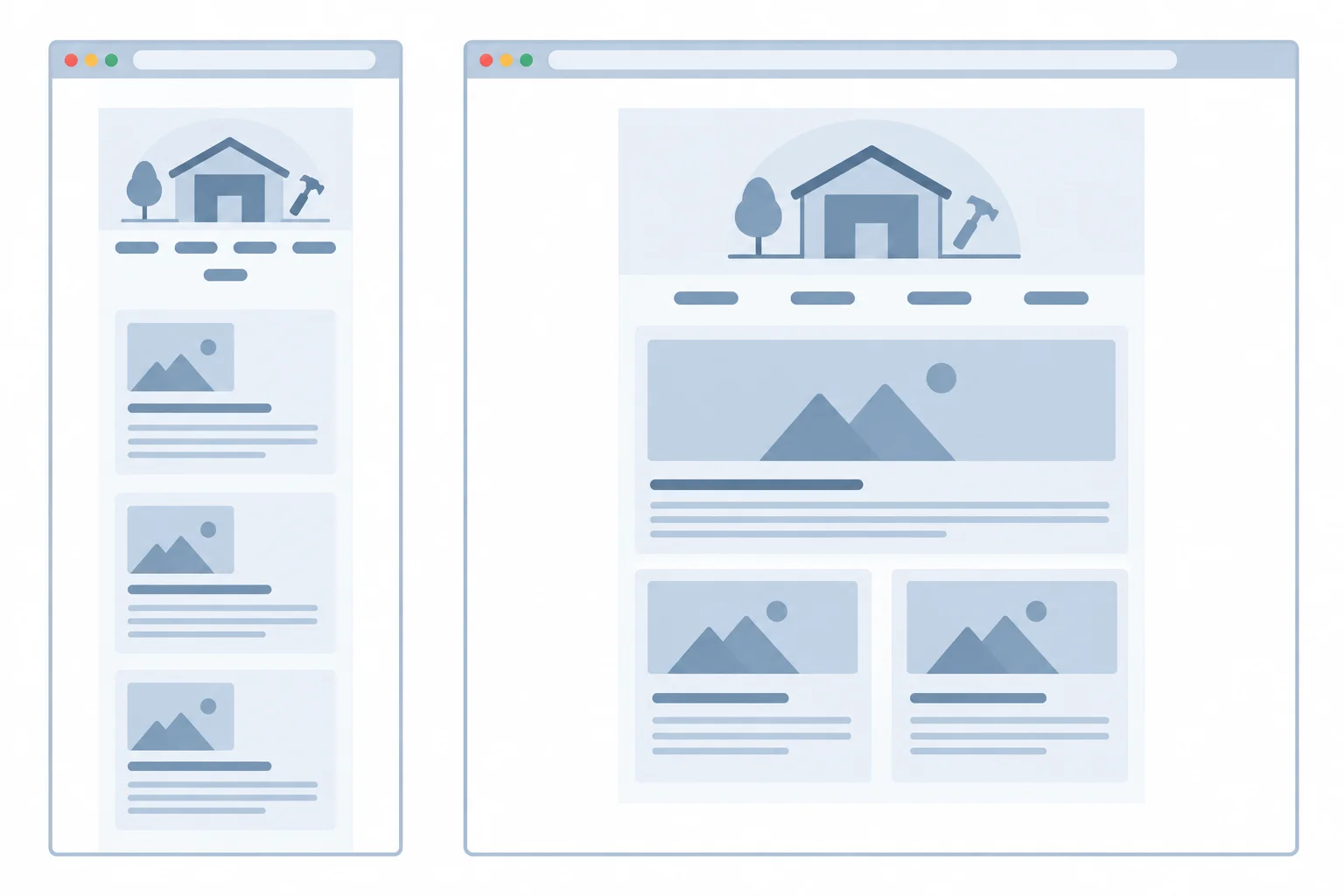 A comparison of the same page at narrow and wide viewport widths, showing a stacked header and one-column grid on the left, then a row header and two-column grid with a full-width featured article on the right.