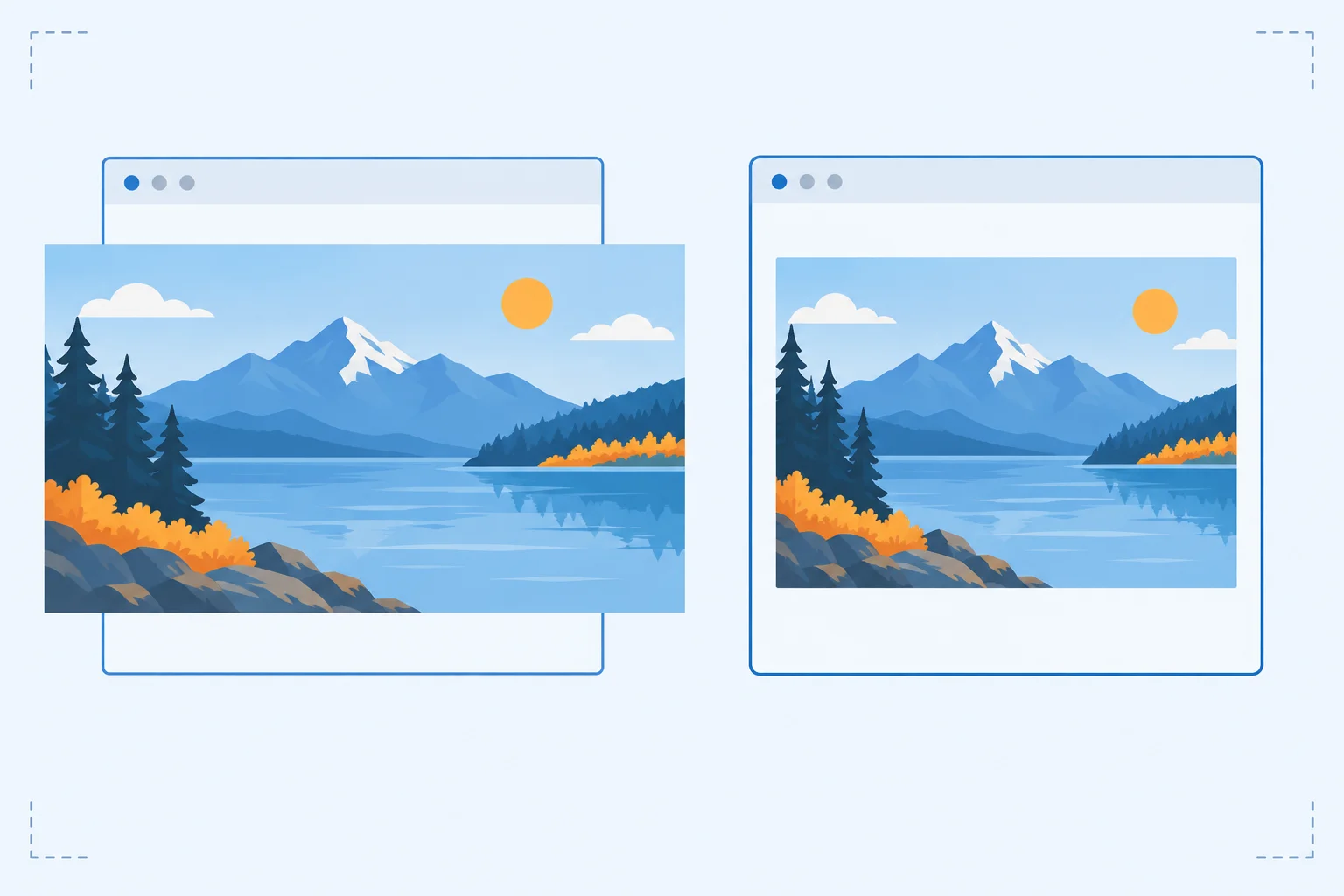Diagram comparing a wide image overflowing a narrow page container with the same image scaled down proportionally inside an equal-width container.