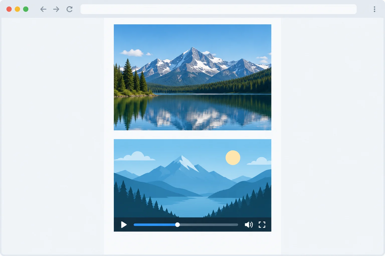Diagram of a photo and a video player stacked inside a narrow centered page container, with native controls along the bottom of the video.