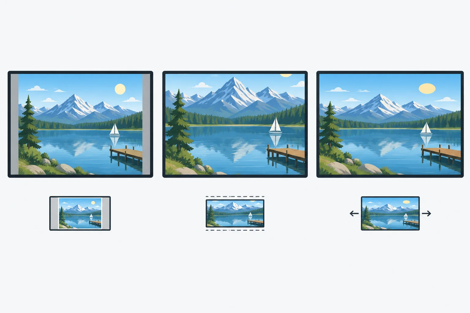 The same illustrative 1200 × 800 pixels landscape image in three 16:9 media frames: fully visible with unused side space, cropped at the top and bottom to fill the frame, and stretched until a circular object becomes oval.