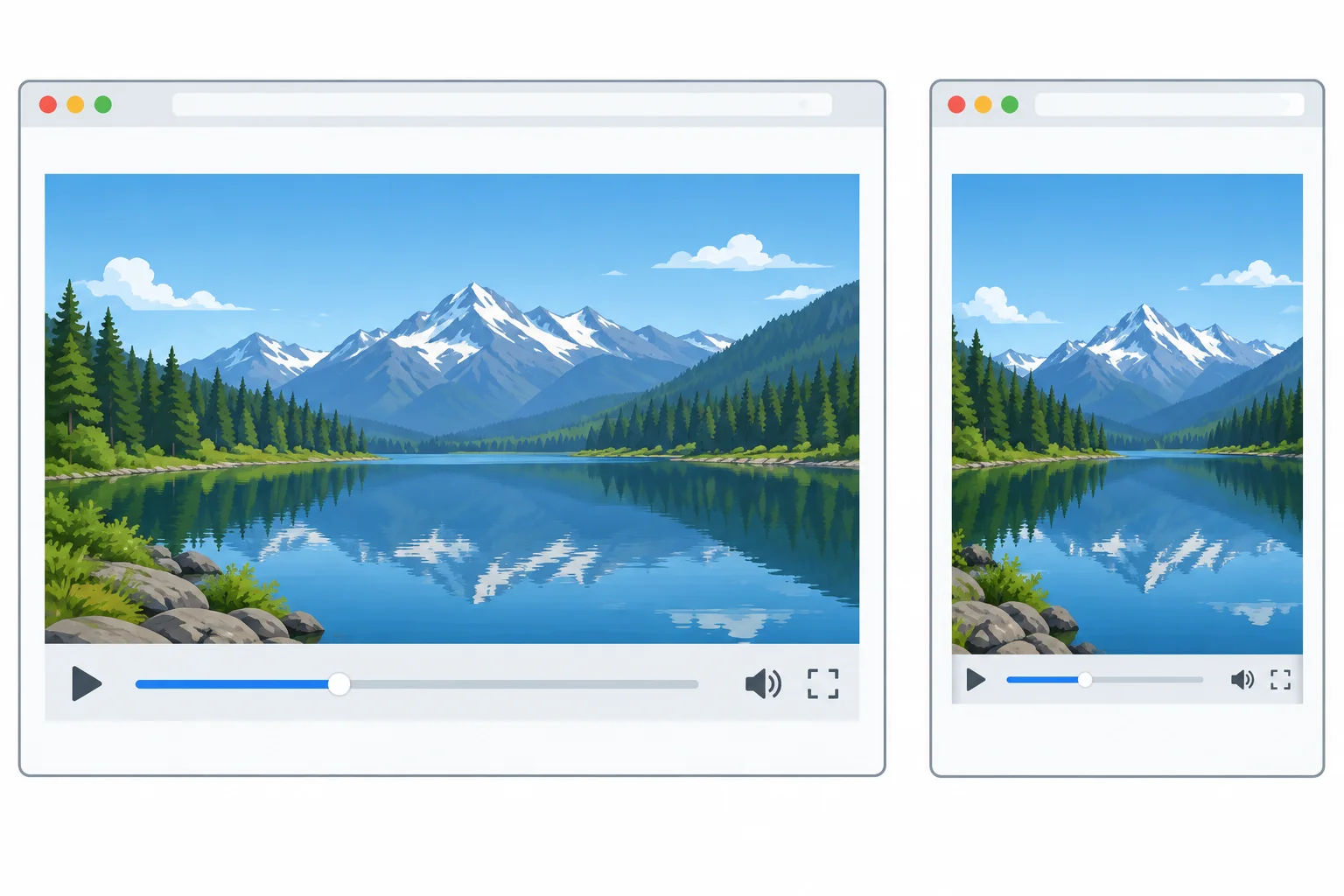 A comparison of a spacious video player and a narrow video player; both pictures keep their proportions, but only the wider player has comfortably usable controls.