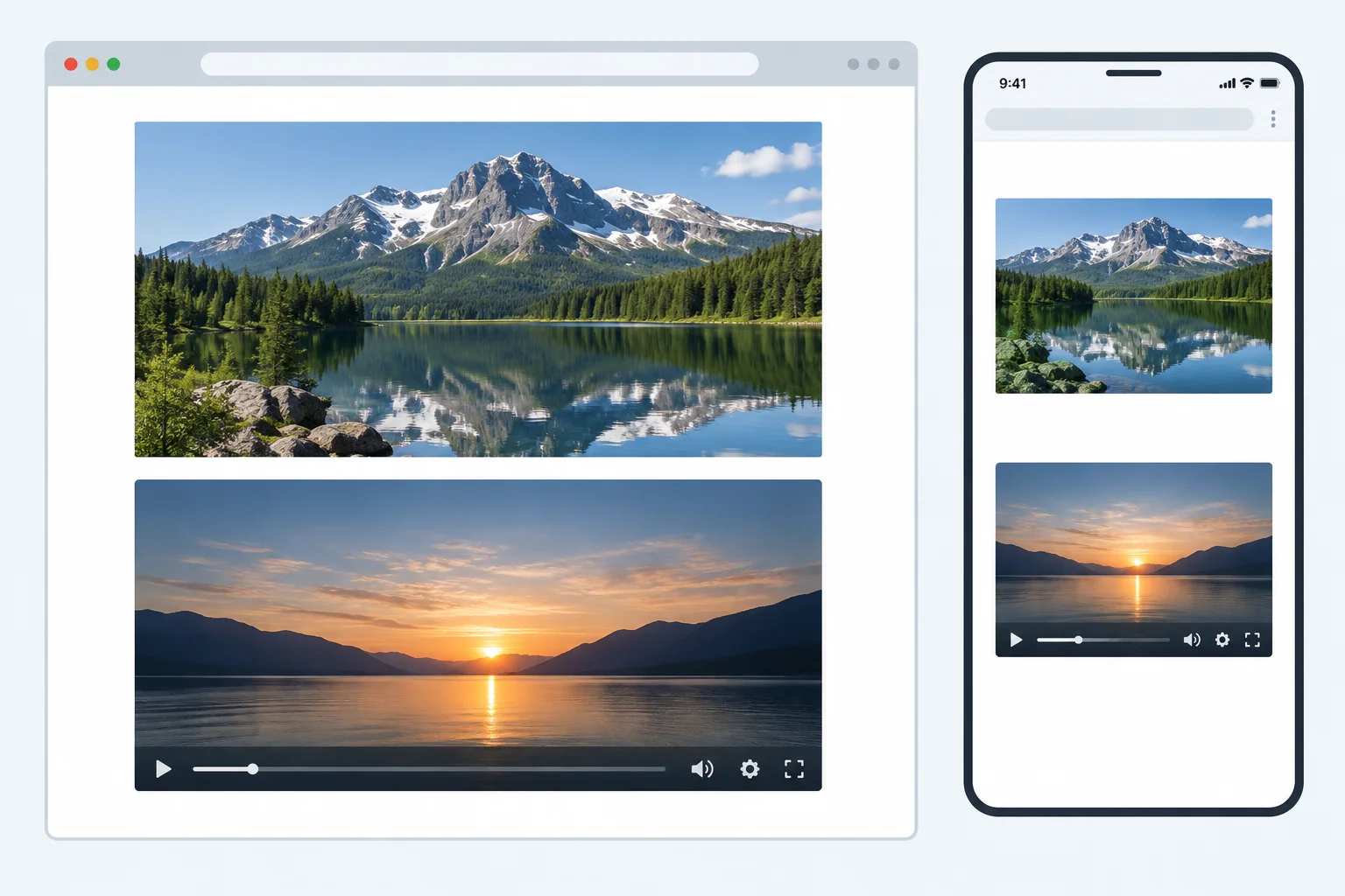 Diagram comparing wide and narrow gallery views with a proportionally scaled photo and a complete video contained inside a 16:9 media frame.