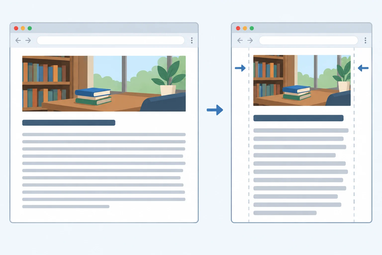 Two views of the same article show a narrower CSS viewport and more line wrapping in the zoomed view, even though the text appears larger.