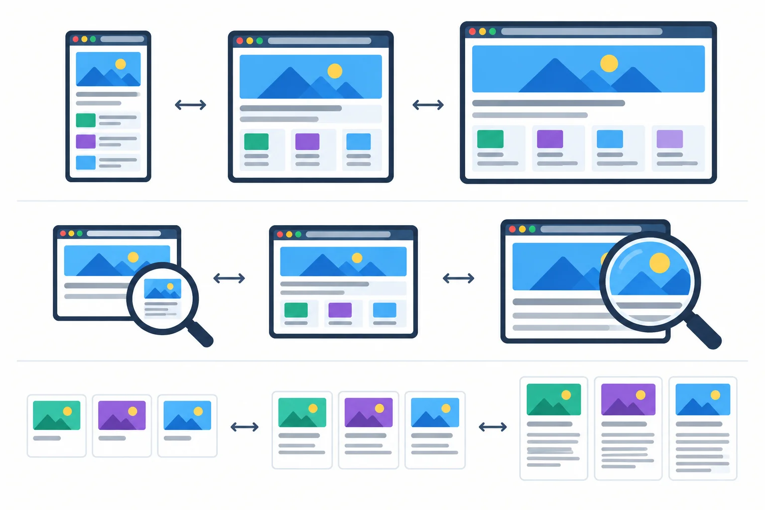 Diagram showing viewport width, page zoom, and content variation as separate dimensions of a responsive layout check.