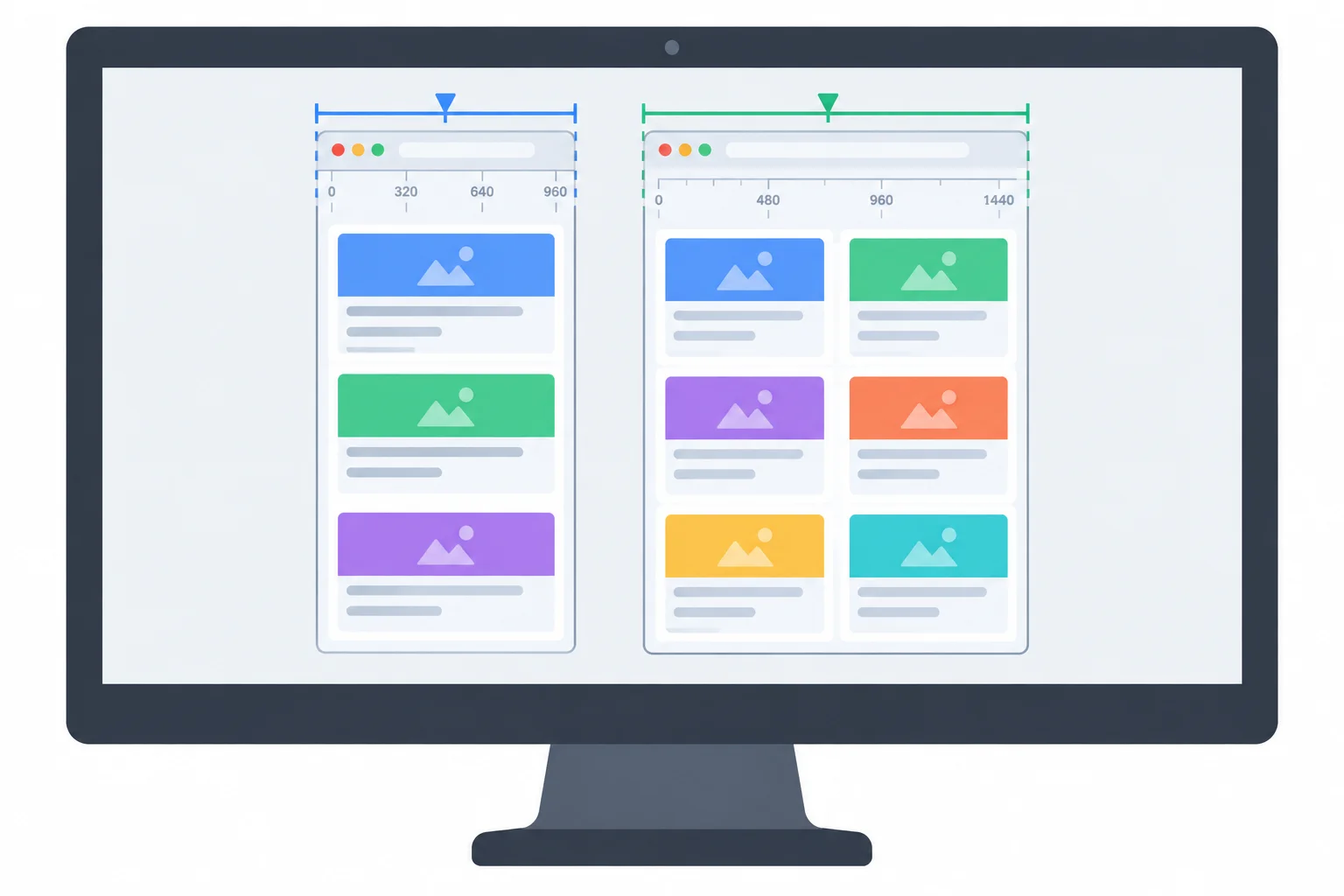 Two scaled-to-fit browser previews show a one-column card layout on one side of a breakpoint and a two-column layout on the other, with rulers indicating that the viewport is measured in CSS pixels.