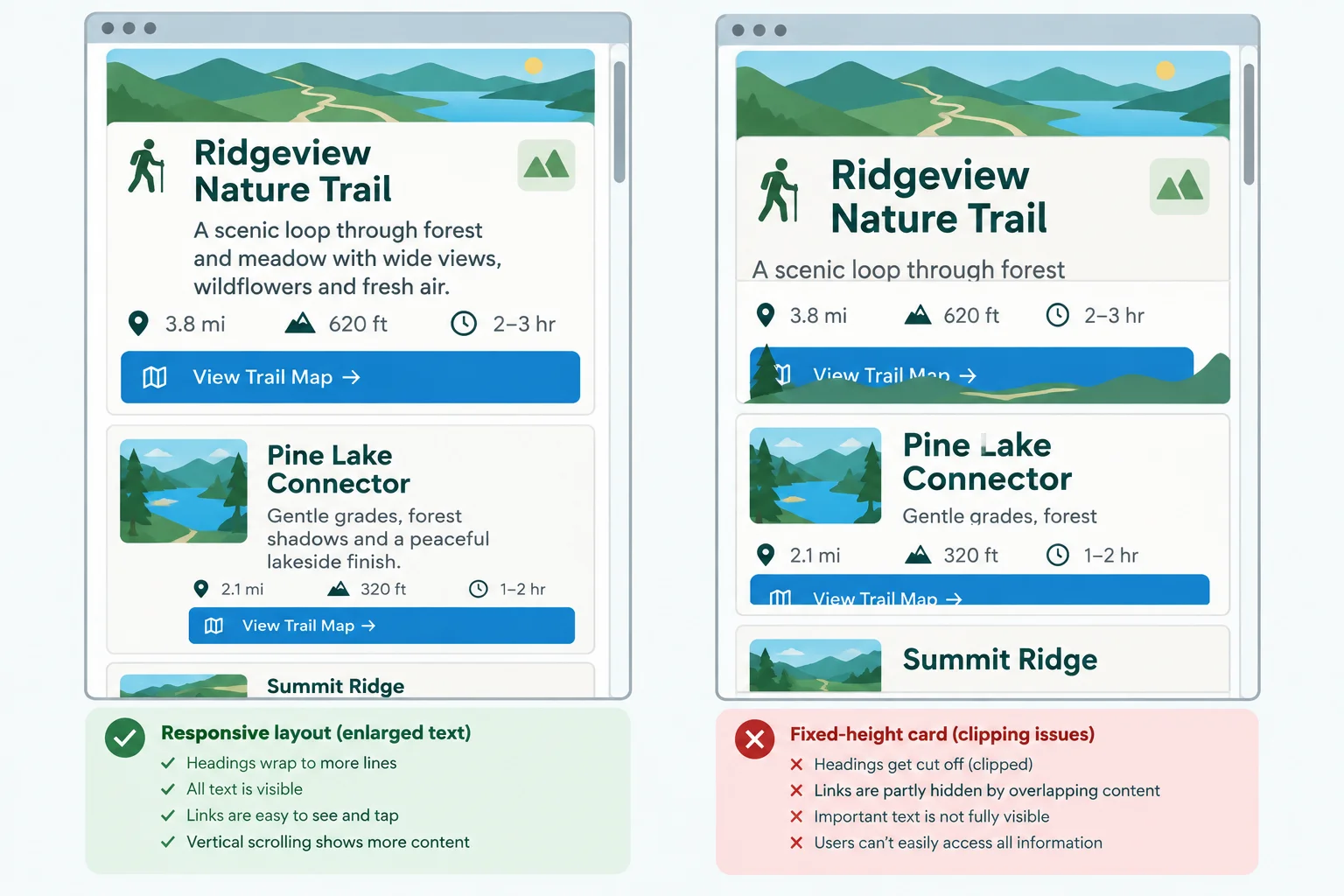 A comparison of enlarged card text that wraps and remains visible versus enlarged text that is clipped and obscures a link.