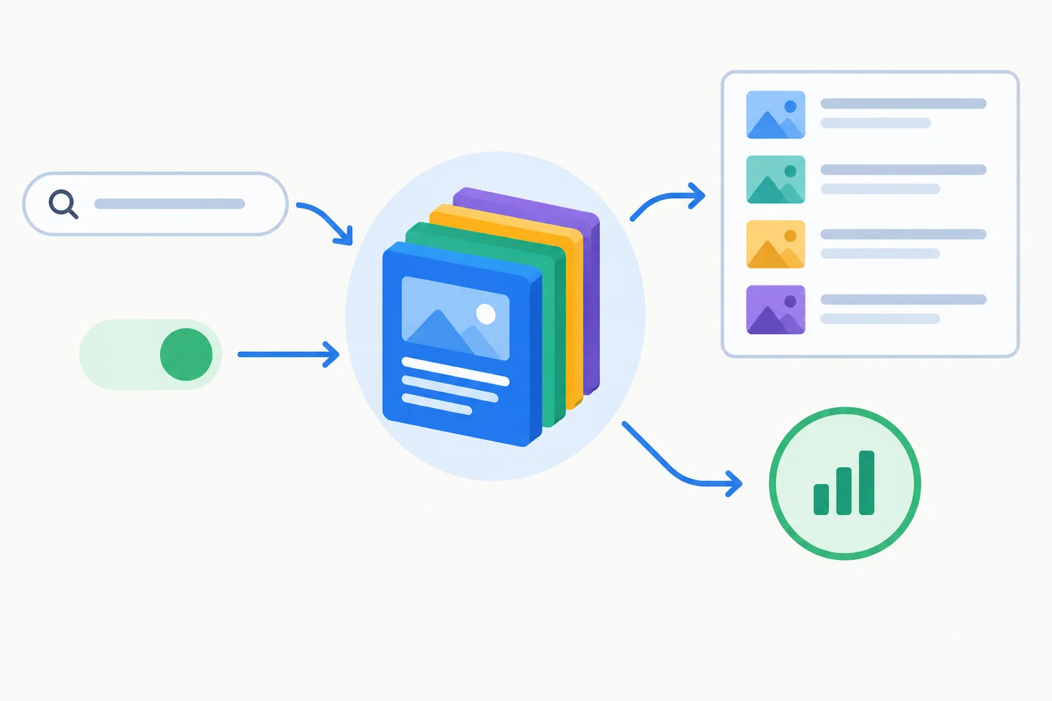 A diagram shows book data and filter controls feeding one state object, which then feeds a results list and summary.