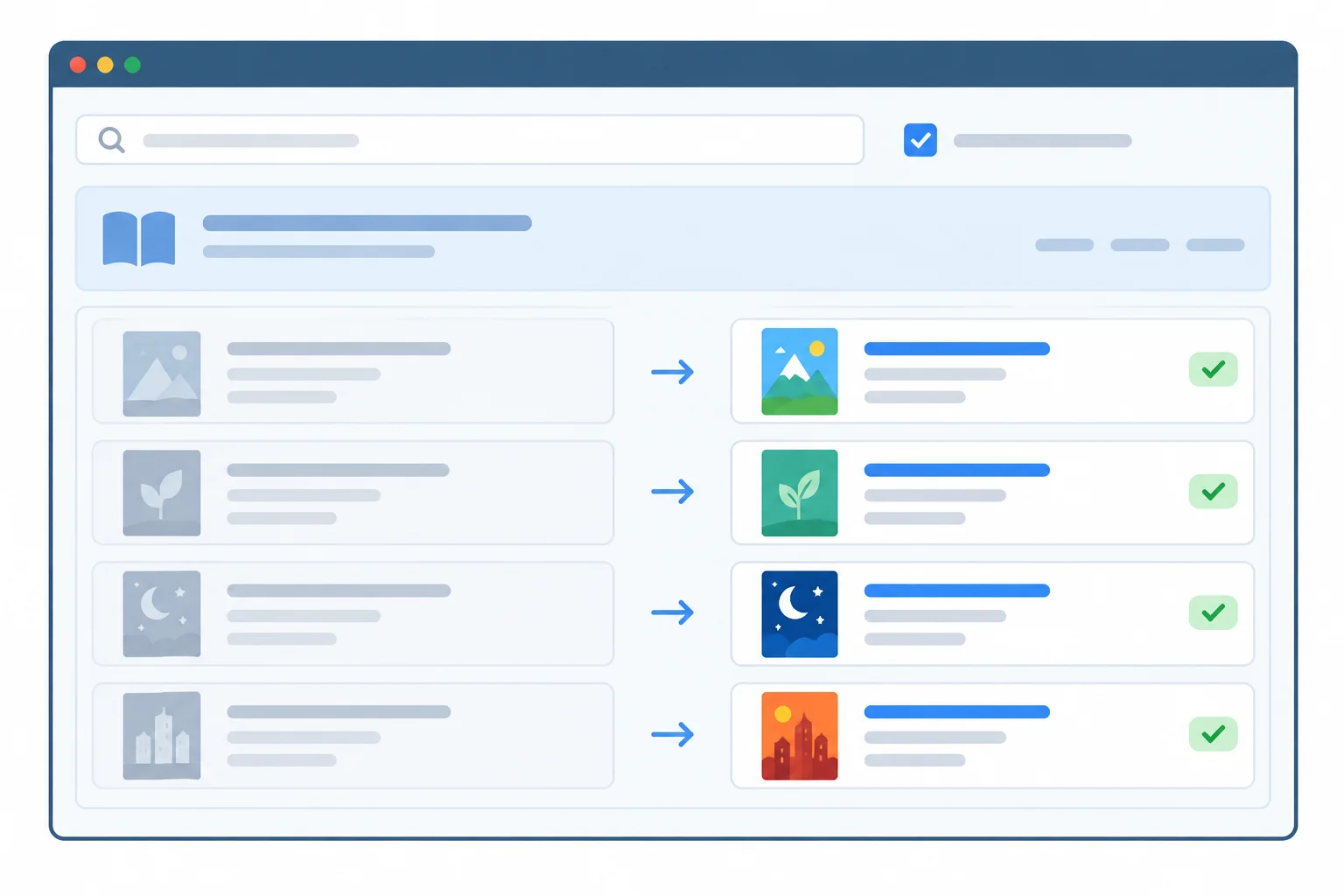 Diagram showing a stable search input, checkbox, application container, and results-list frame while only result rows are replaced.