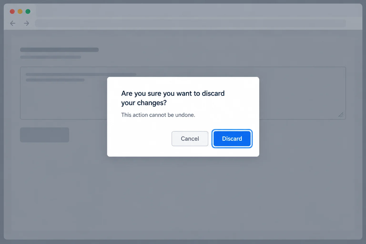 A focused modal dialog with two available buttons appears above a dimmed workspace whose textarea and opener are unavailable.