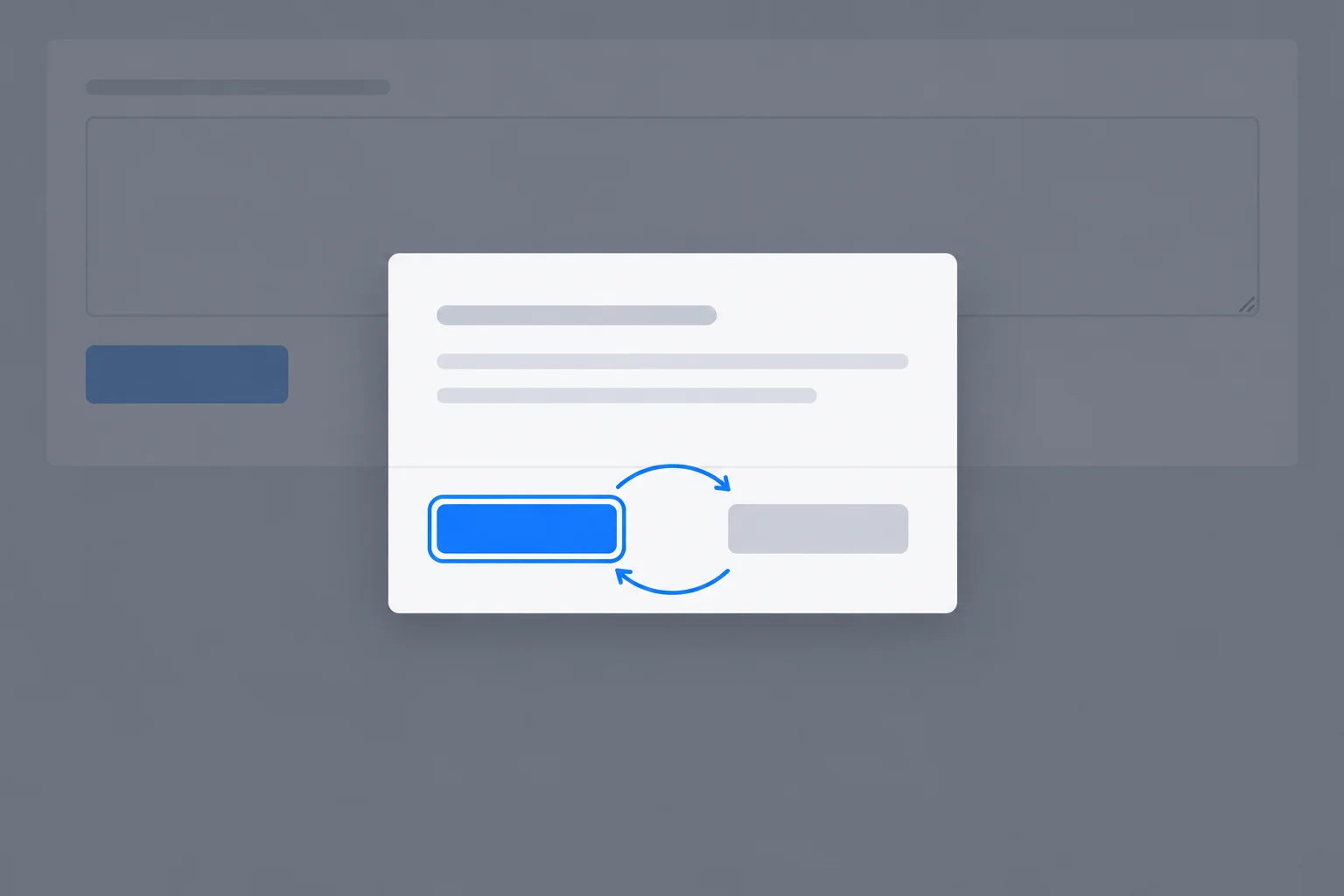 Diagram of a native modal dialog over a dimmed draft workspace, with focus visibly contained between the dialog actions.