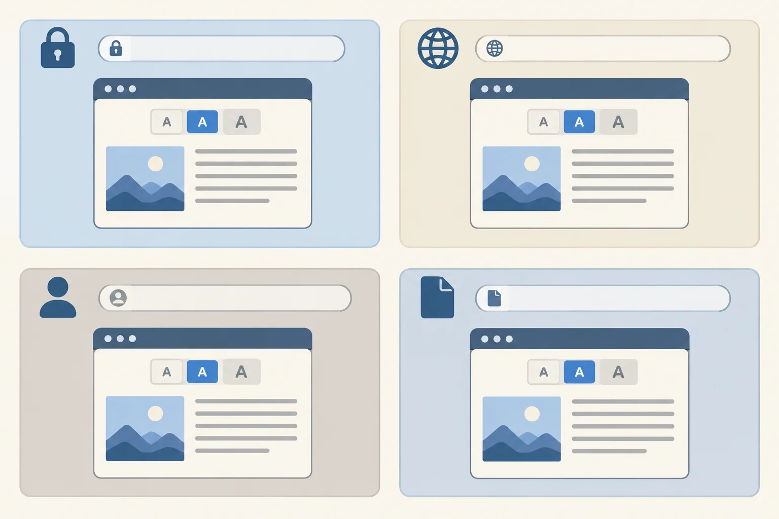 Four isolated browser contexts each contain a similar Reading Room interface, showing that their saved preferences are separate.
