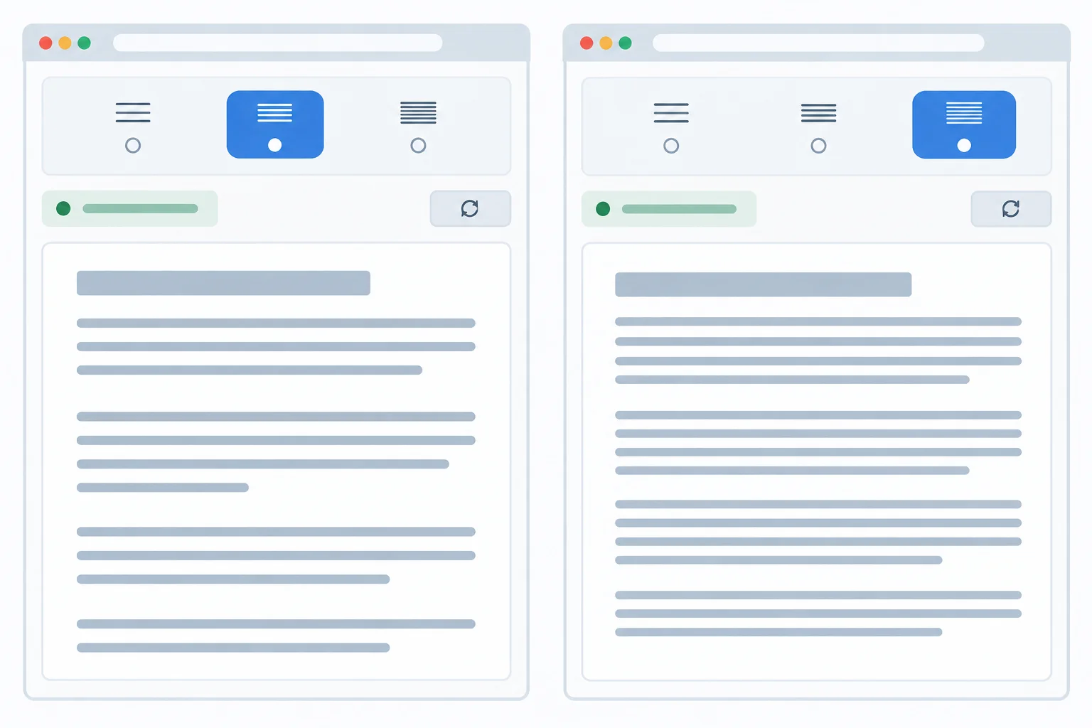A comparison of comfortable and compact reading-preview layouts controlled by one density selector.