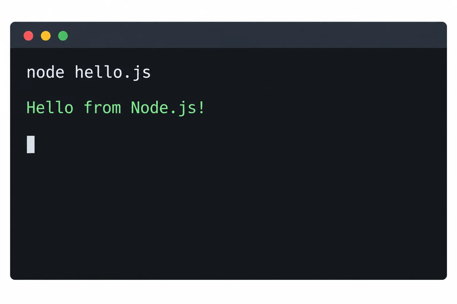 A terminal runs node hello.js, displays Hello from Node.js!, and then becomes ready for another command.