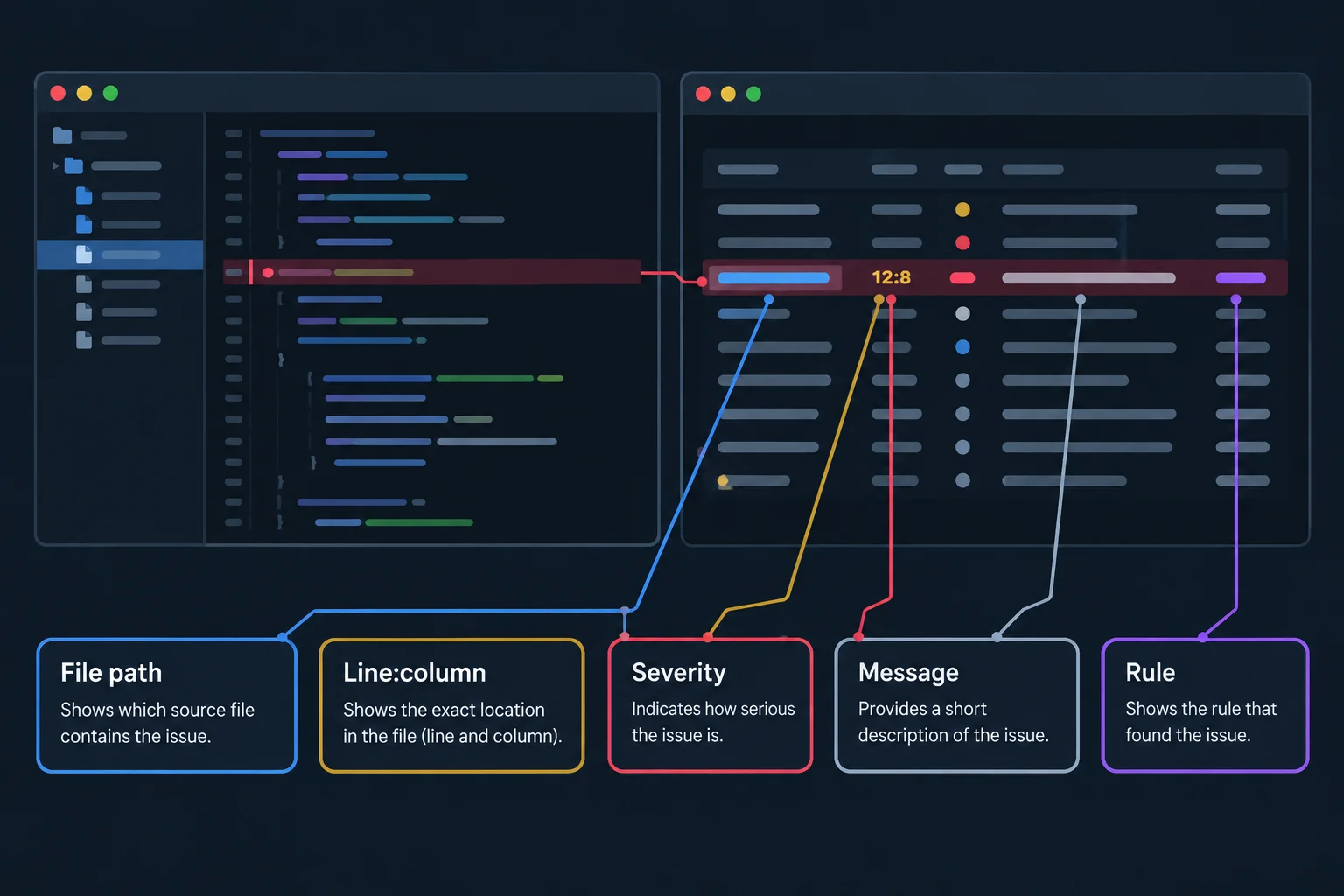 Diagram connecting the parts of an ESLint report row to a location in a JavaScript source file.