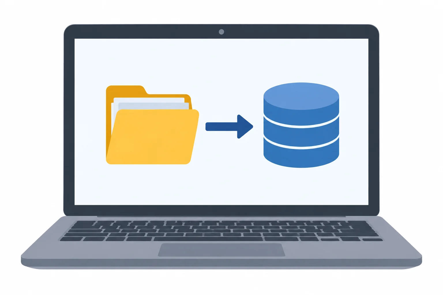 A project folder and a history database shown together on one laptop, with no cloud connection.