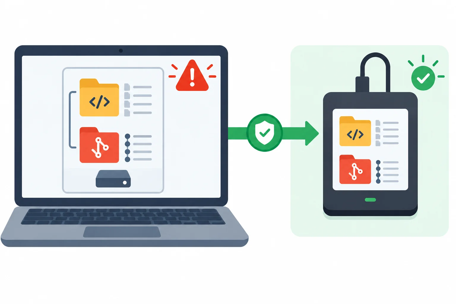 Comparison showing a project folder and its local Git history together on one laptop, contrasted with a separate verified backup copy.