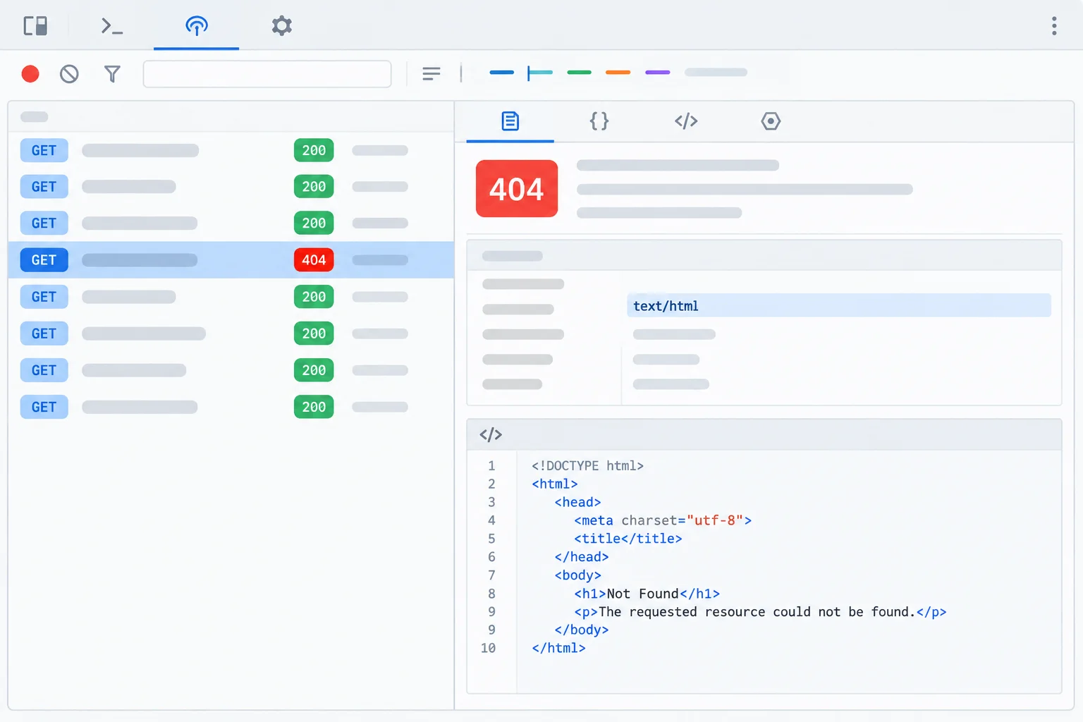 A Network-panel reference with a GET request, status 404, an HTML response header, and an HTML response body.