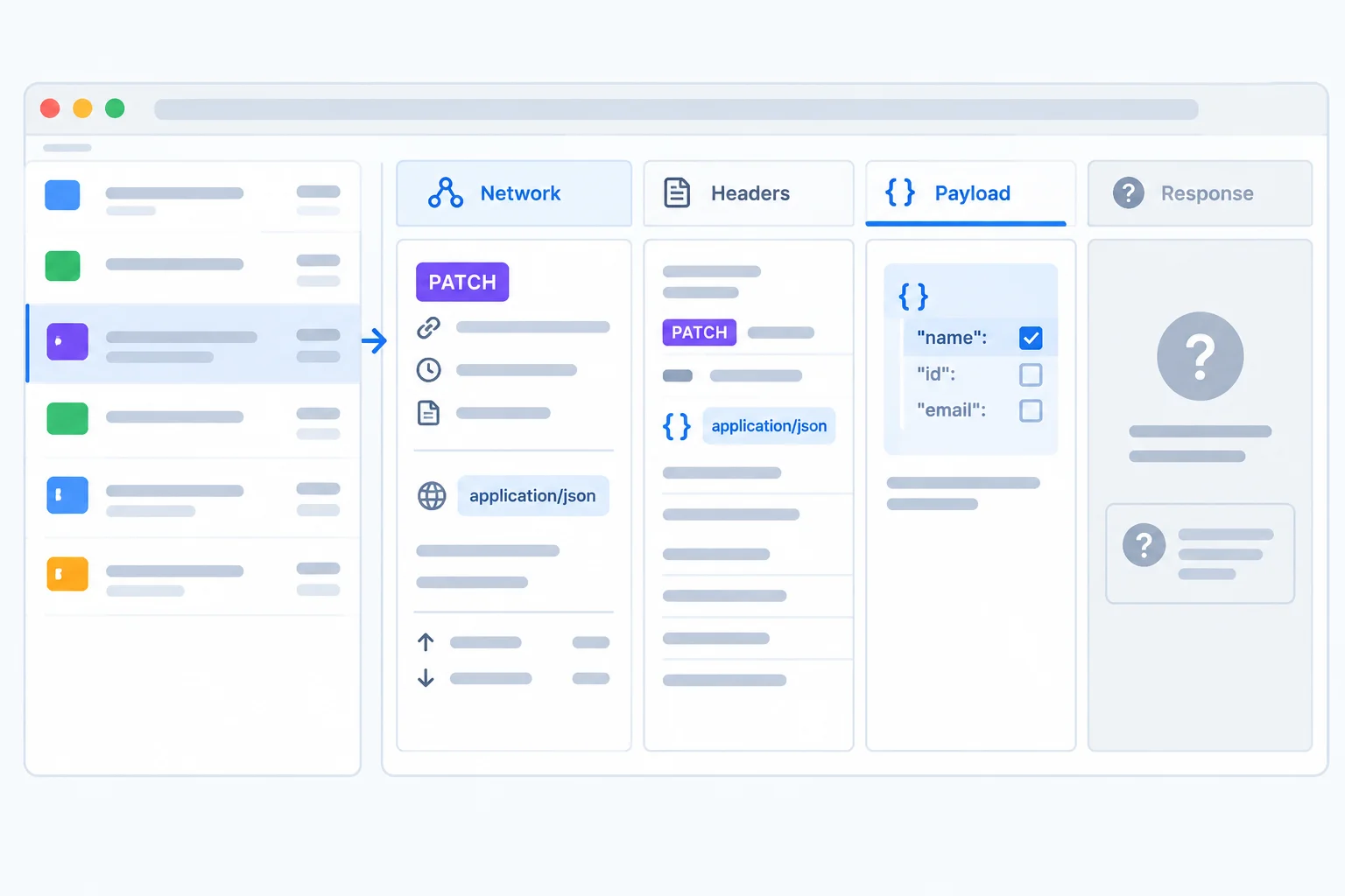 A DevTools-style request detail view with sections for Network, Headers, and Payload, highlighting a PATCH request and JSON update body.
