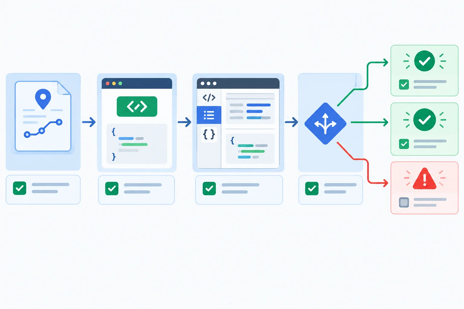 A five-stage visual checklist from documented operation through request inspection and response validation to conditional confirmation.