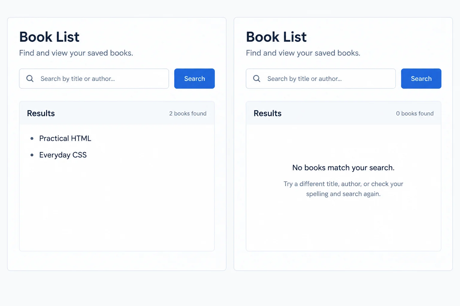 Side-by-side Book List results: two book titles in the populated result and a no-results message in the valid empty result.