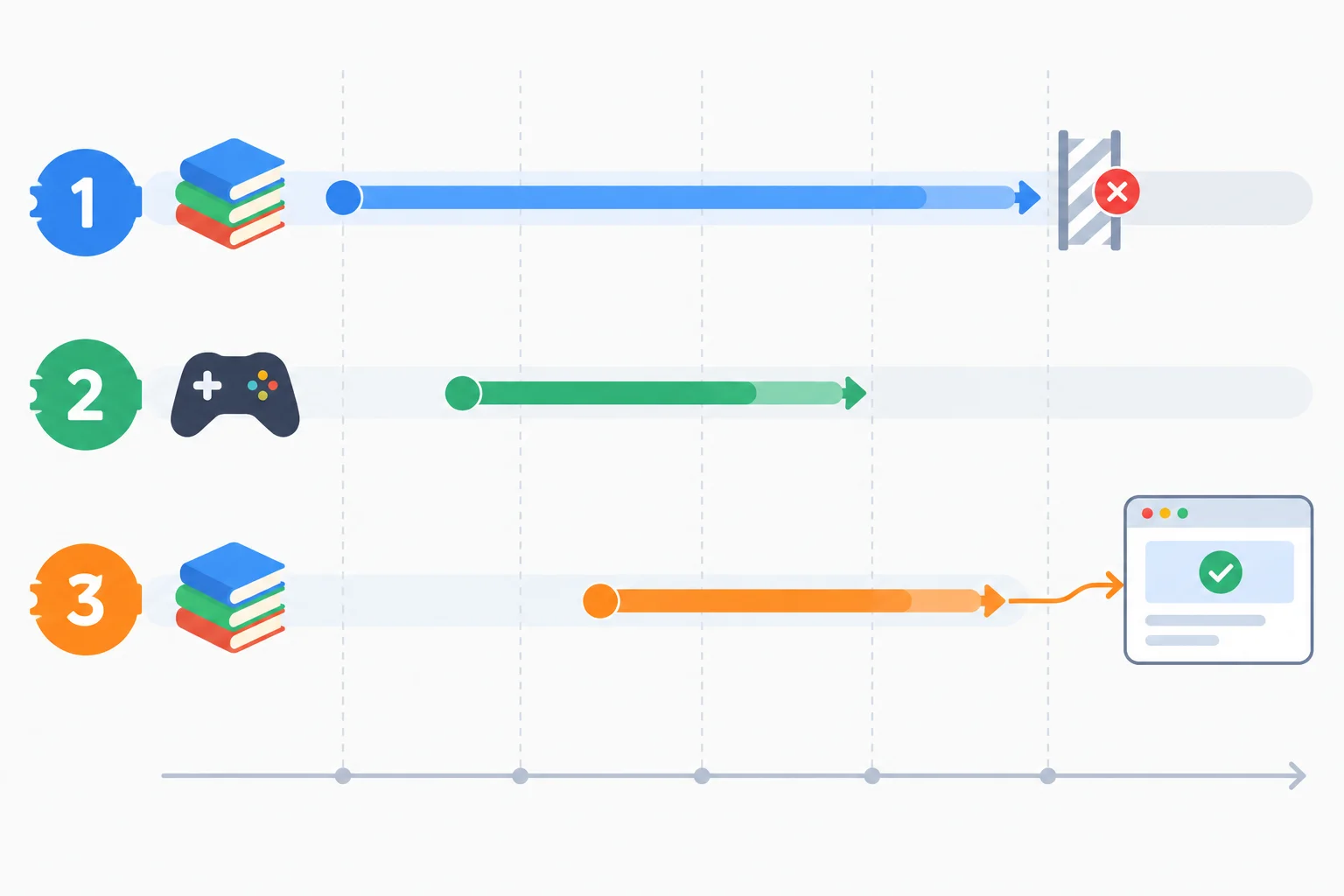 A timeline shows an early Books operation with ticket 1, a Games operation with ticket 2, and a later Books operation with ticket 3. Only ticket 3 is connected to the results panel; the late completion of ticket 1 is blocked.