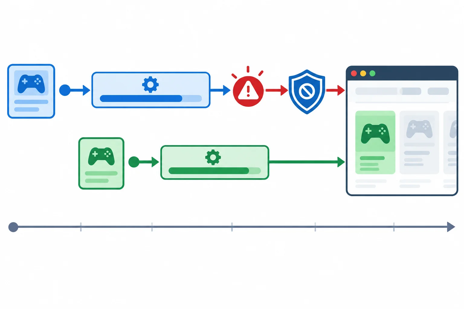 A timeline shows an older operation failing after a newer operation has already rendered a game result; a shield prevents the old failure from reaching the interface.