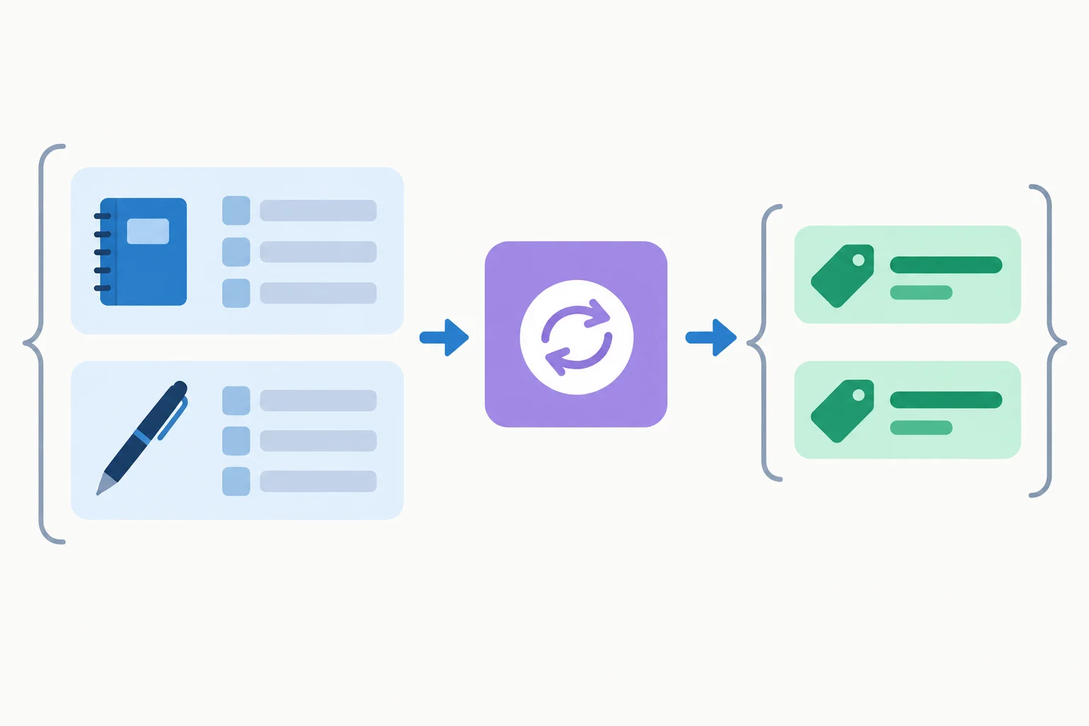 Diagram showing product record cards flowing through one formatting callback into label cards collected in an output array.