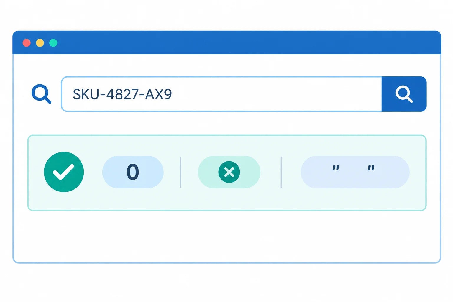 A product-search page with a populated search field and a successful status region that visually preserves zero, false, and an empty subtitle.